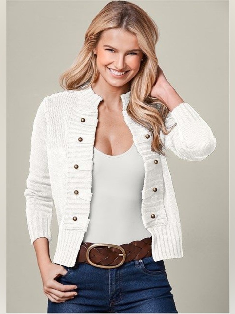 VENUS Cream/White Ribbed Button-Front Cardigan - Picture 2 of 6